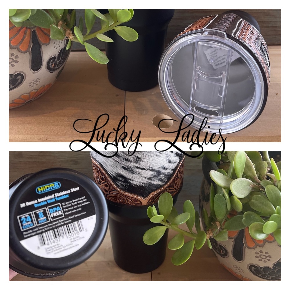 30oz Insulated Western Stamped & Hide Leather Sleeve Tumblers Handmade - Picture 3 of 5